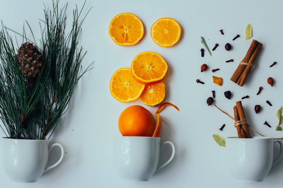 Flat lay of pine branches, citrus slices, and spices in cups on white background.