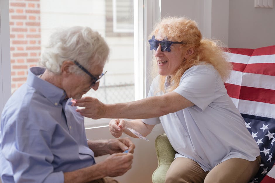 Senior couple enjoying a festive Independence Day indoors, filled with joy and togetherness.